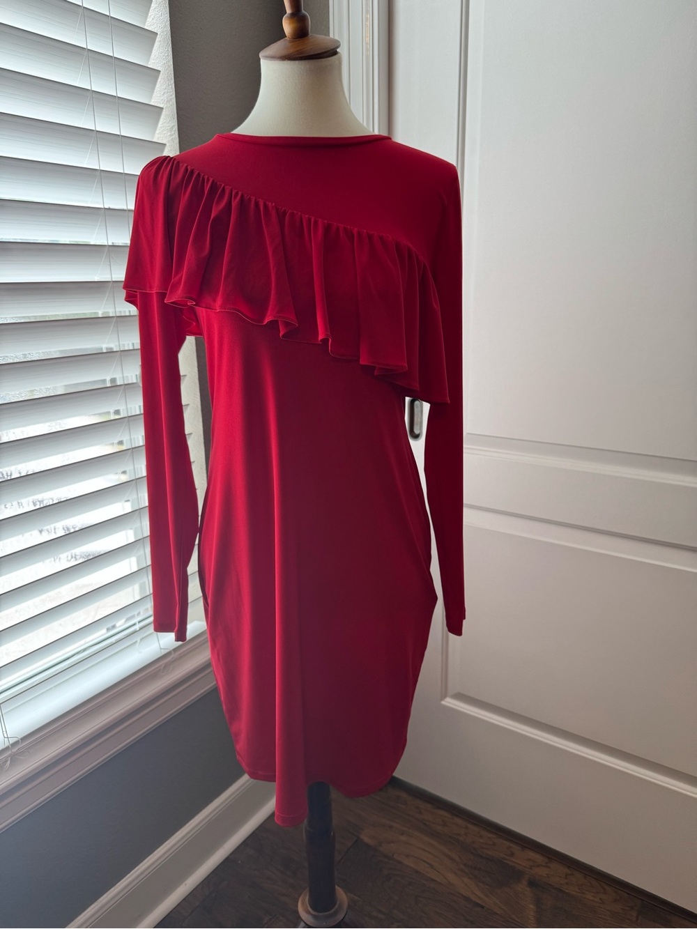 Michael Kors Red Long Sleeve Ruffle-Trim Dress